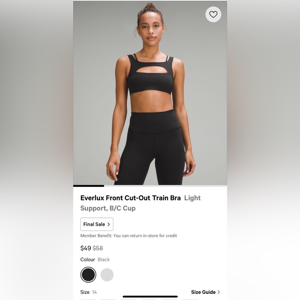 Lululemon Everlux Front Cut-Out Train Bra Light
Support, B/C Cup - Black Size 14